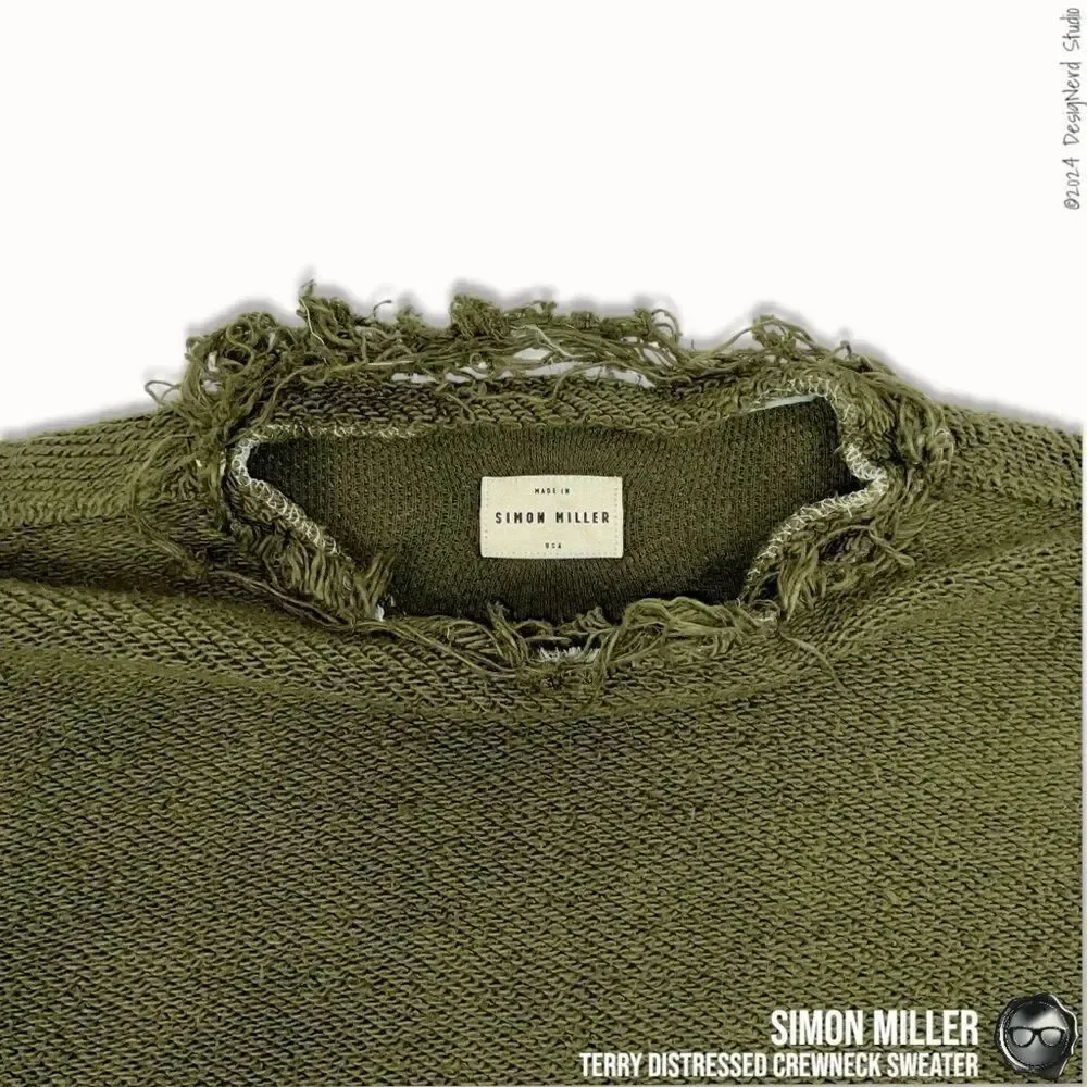 SIMON MILLER DISTRESSED CREWNECK SWEATER IN MOSS GREEN TERRY CLOTH 2016 OVERSIZE